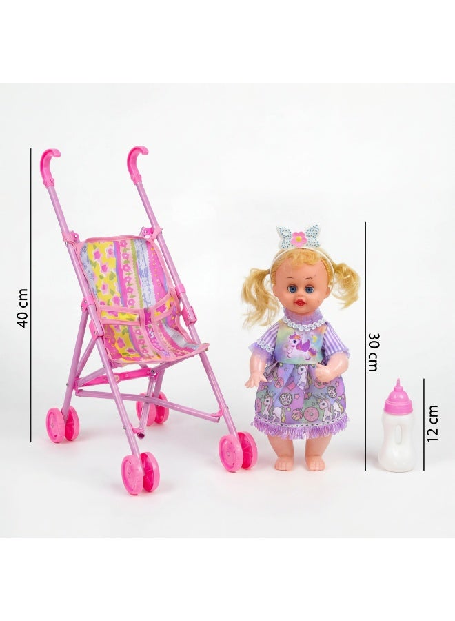 Baby Doll Stroller Playset with Accessories – Foldable Toy Buggy, Feeding Bottle & Diaper – Realistic Pretend Play Gift for Kids & Toddlers - Image 3
